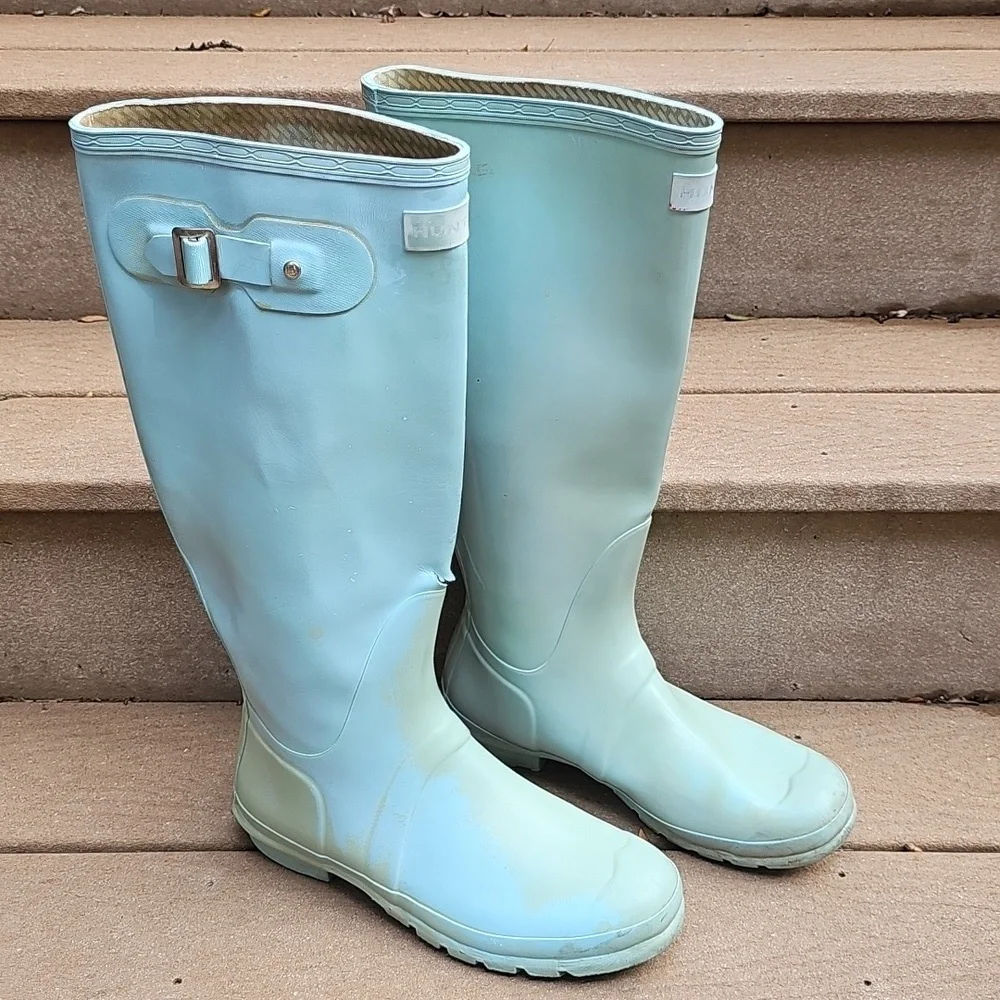 Hunter Original Gloss Tall Boots light blue well used worn with FLAWS SEE PHOTOS